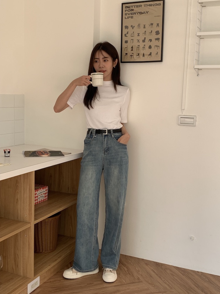 褲頭造型彈性直筒牛仔褲  附皮帶