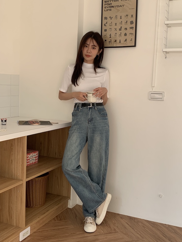 褲頭造型彈性直筒牛仔褲  附皮帶