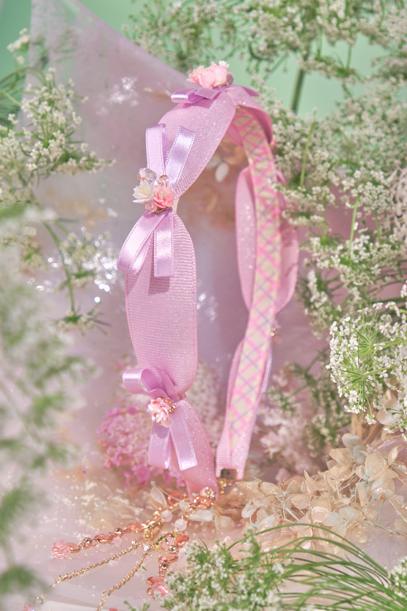 Floral Satin Bow Hairband with Detachable Chain