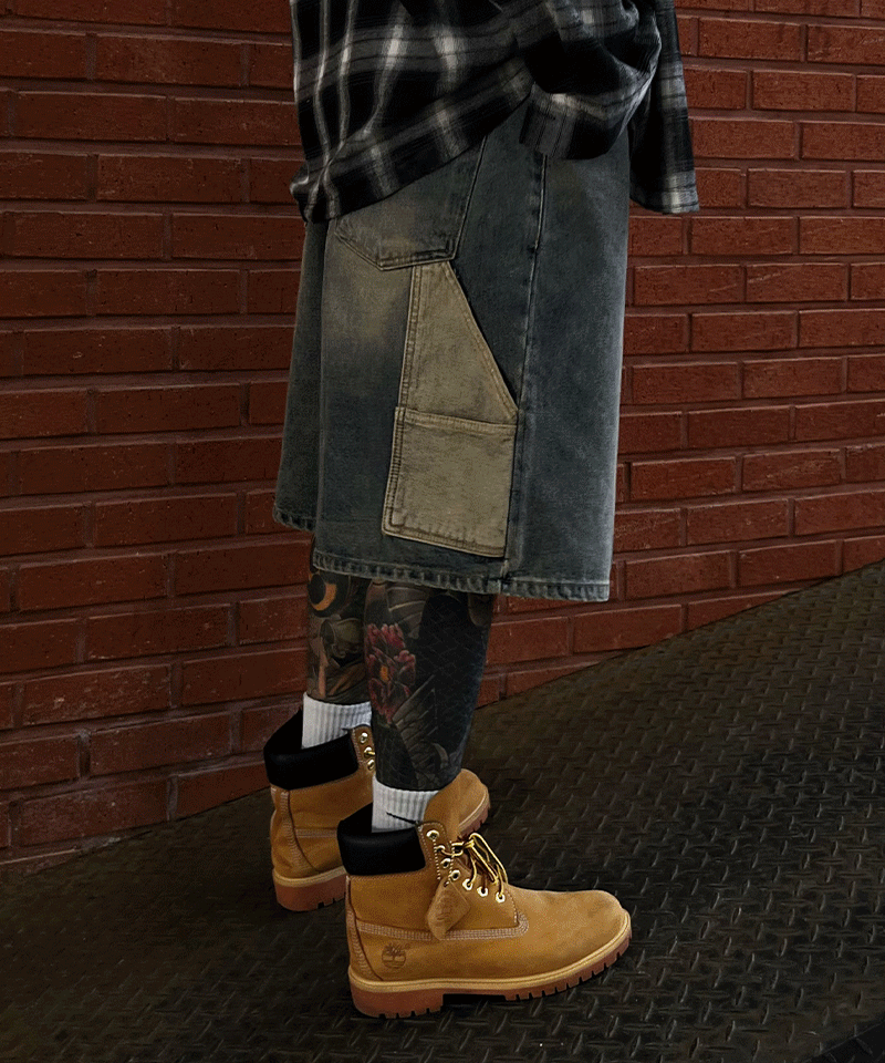 木匠配色寬大牛仔短褲