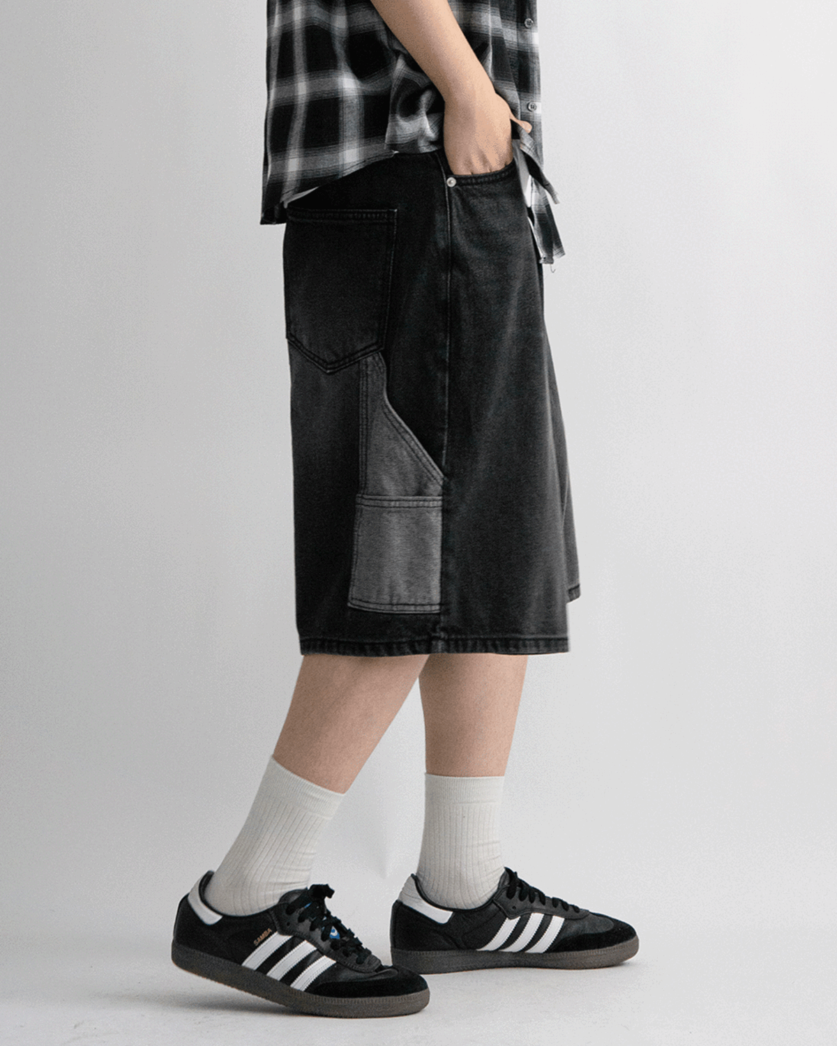 木匠配色寬大牛仔短褲