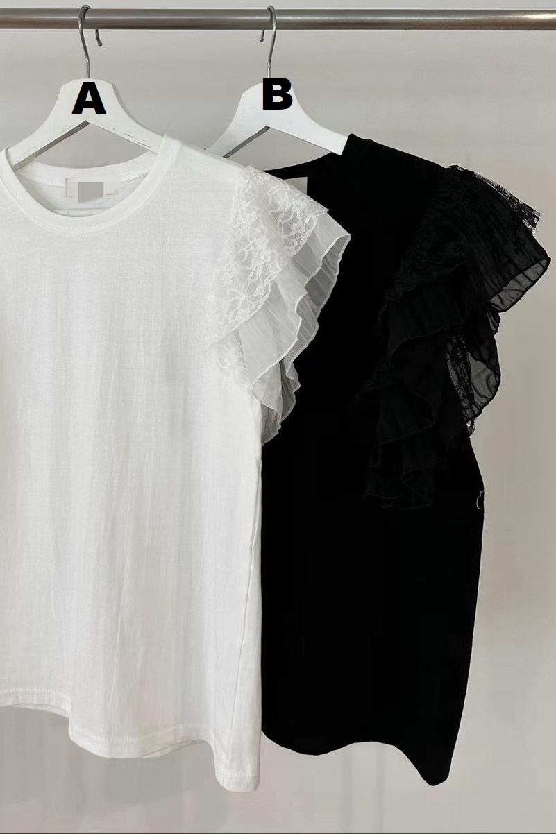 TOP#14327🤎雪紡Lace 小飛袖