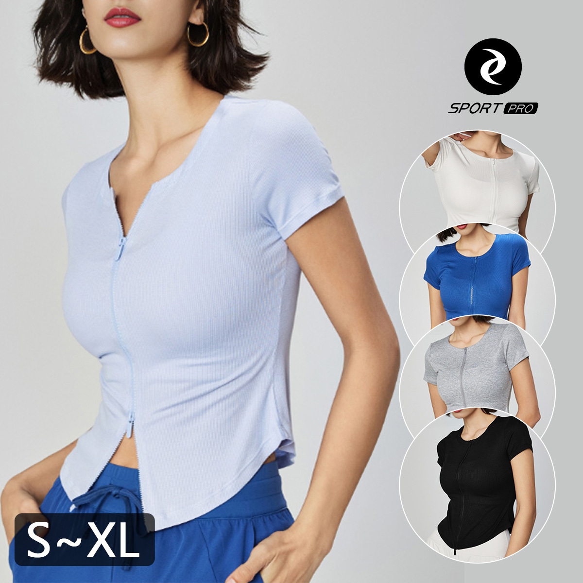 莫代爾羅紋拉鍊瑜珈/運動/機能短袖*