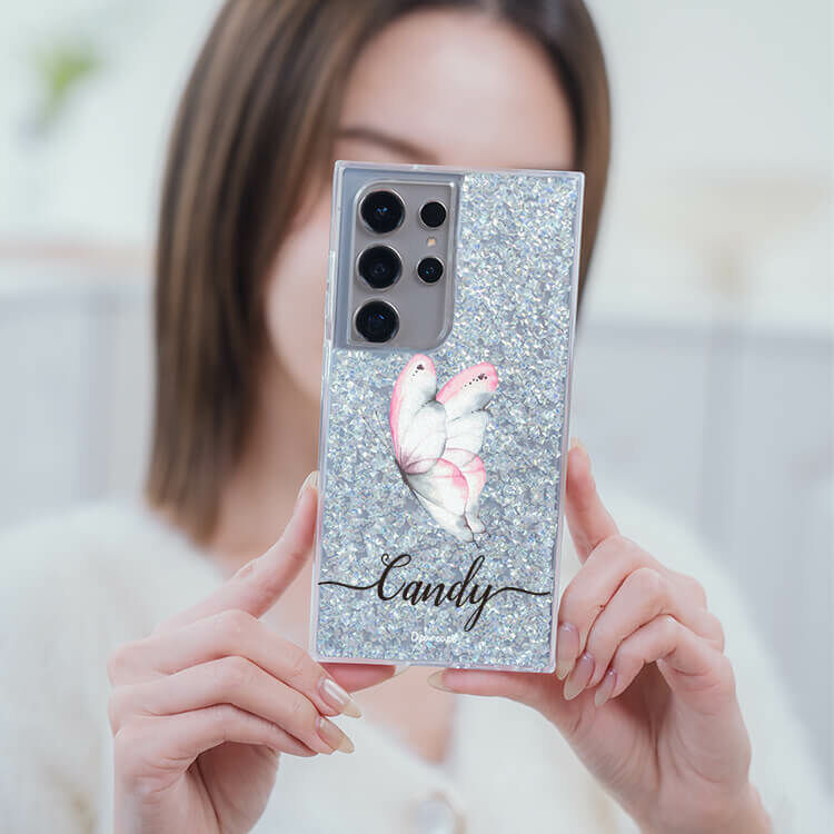 夢幻粉蝶 銀耀貝拉殼 - (訂製名字) - Samsung 三星 客製化手機殼