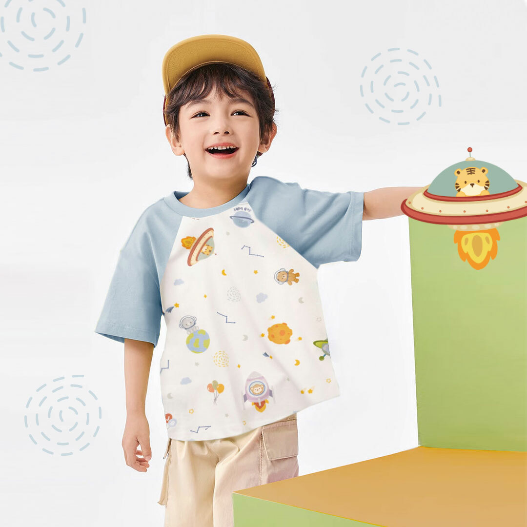 【JB1044】動物們去太空。霜柔棉撞袖上衣