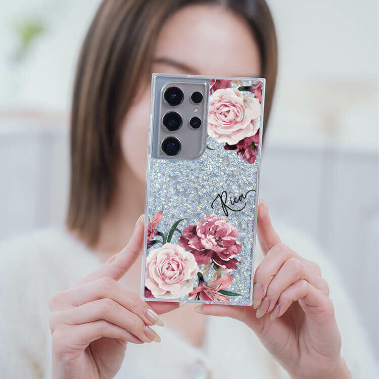 玫粉玫瑰 銀耀貝拉殼 - (訂製名字) - Samsung 三星 客製化手機殼