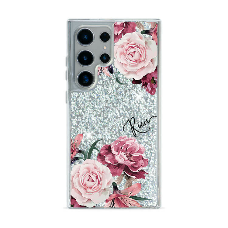 玫粉玫瑰 銀耀貝拉殼 - (訂製名字) - Samsung 三星 客製化手機殼