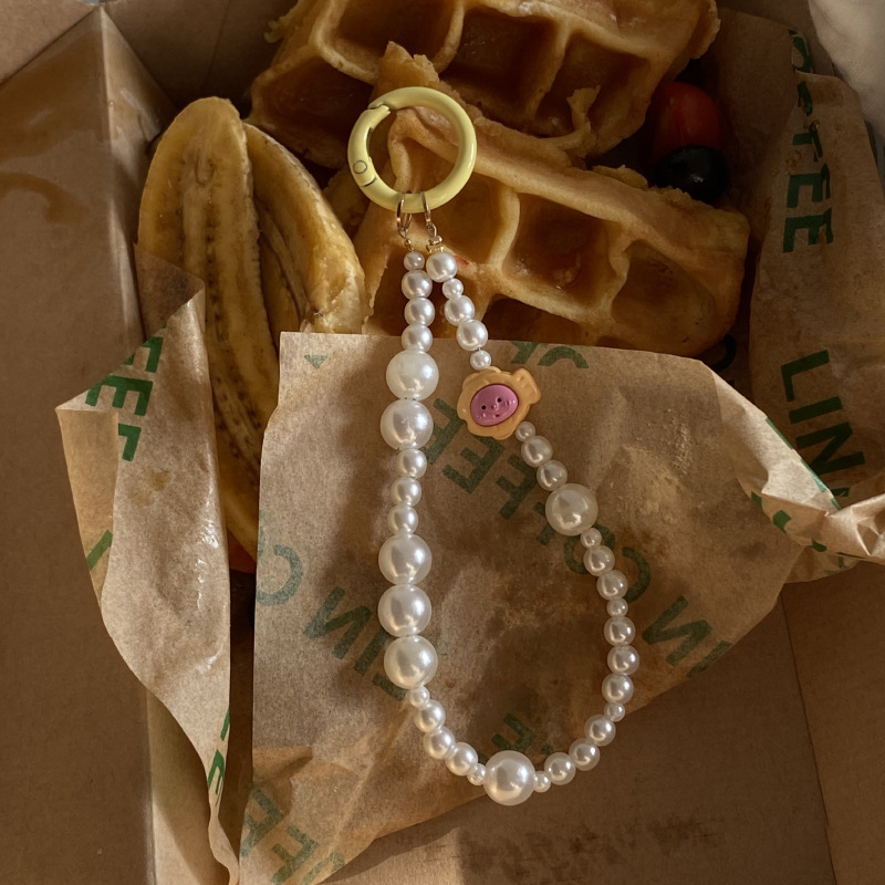 《3851》粉色鯛魚燒珍珠手機鍊吊飾