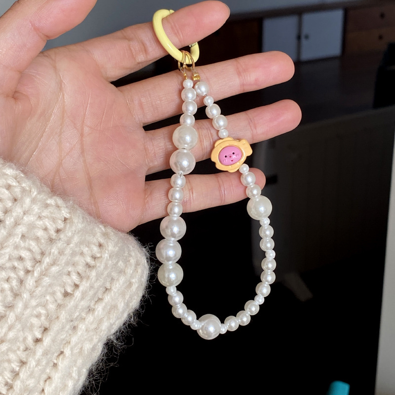 《3851》粉色鯛魚燒珍珠手機鍊吊飾