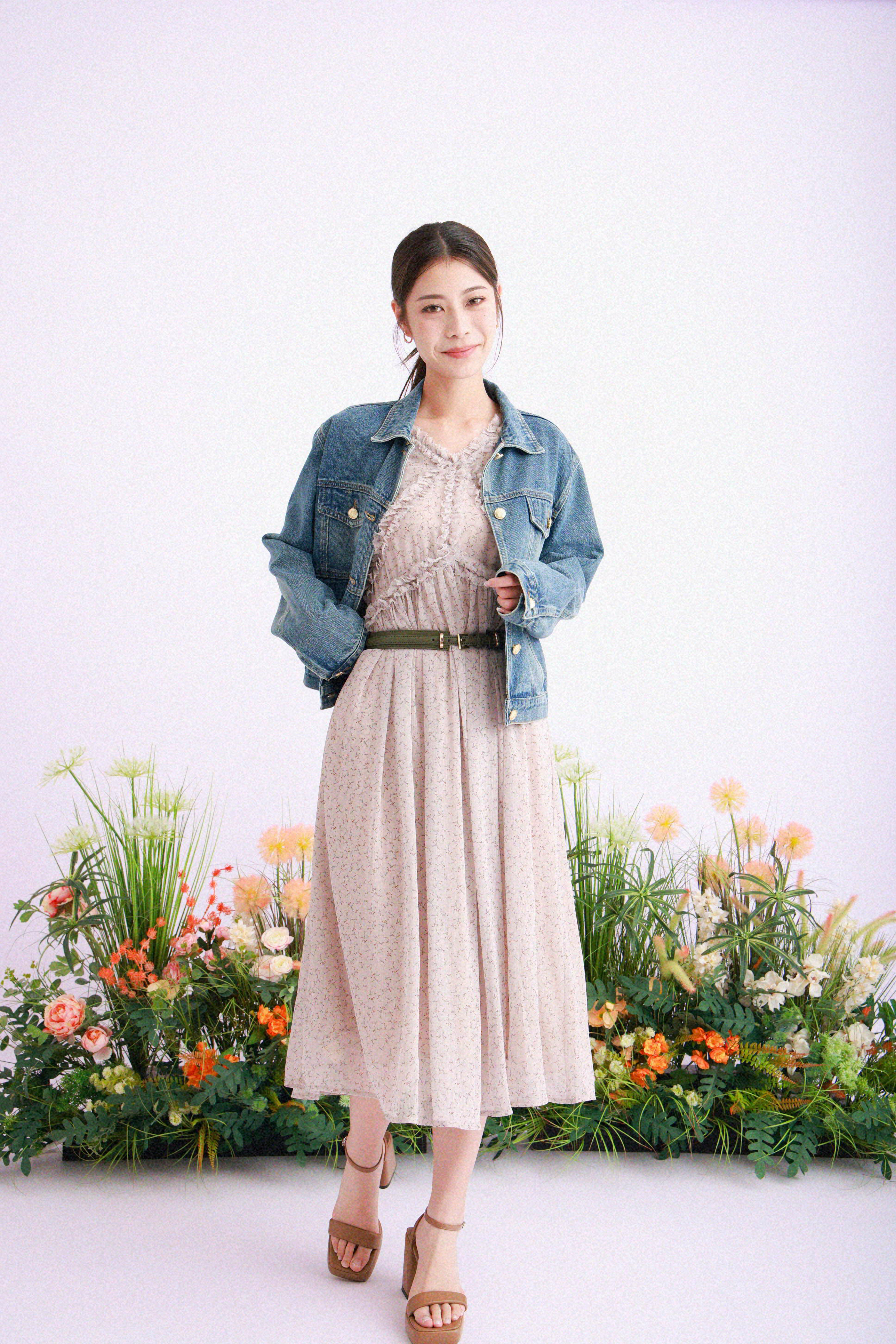 荷葉邊小碎花雪紡連身裙 (現貨款式）