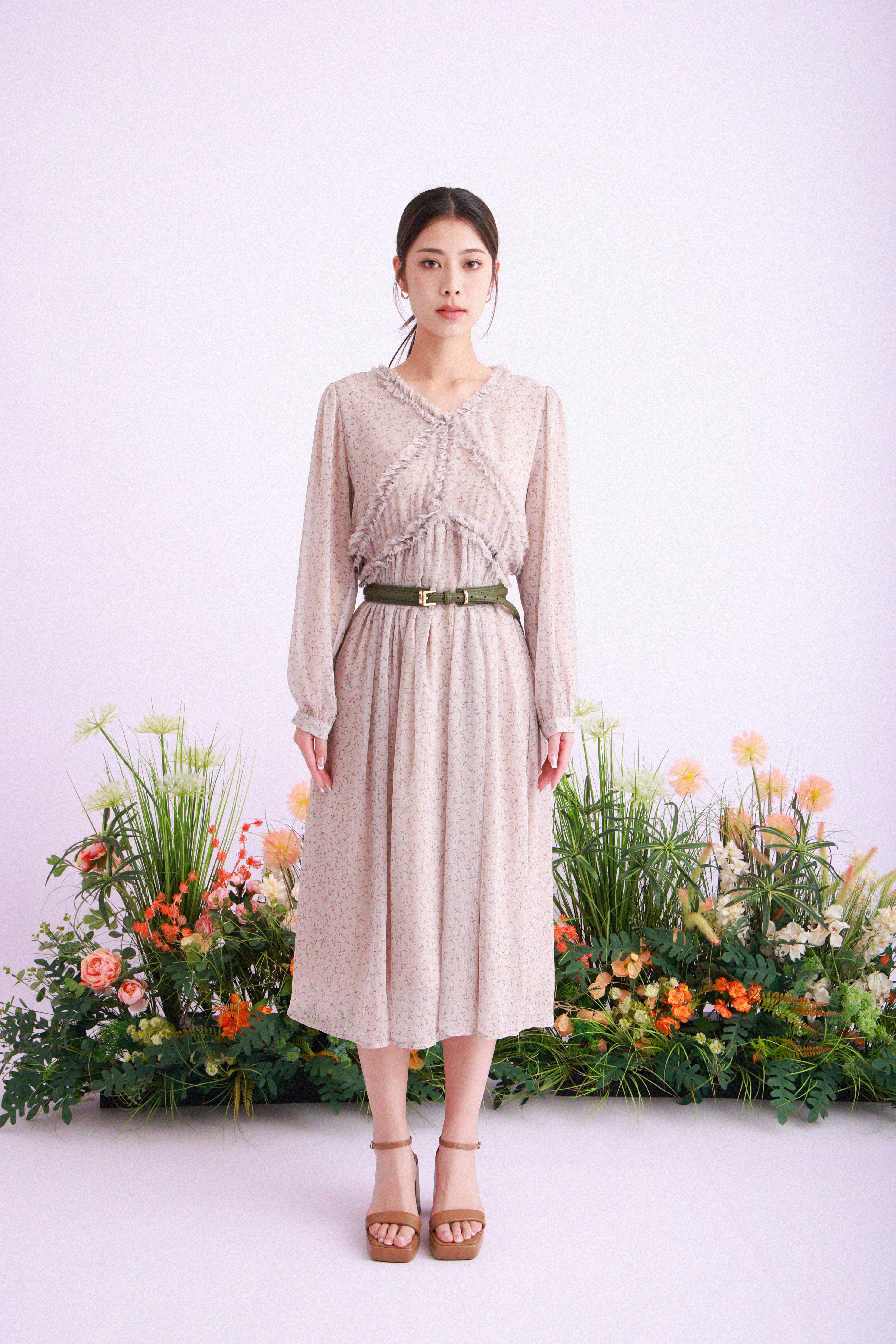 荷葉邊小碎花雪紡連身裙 (現貨款式）