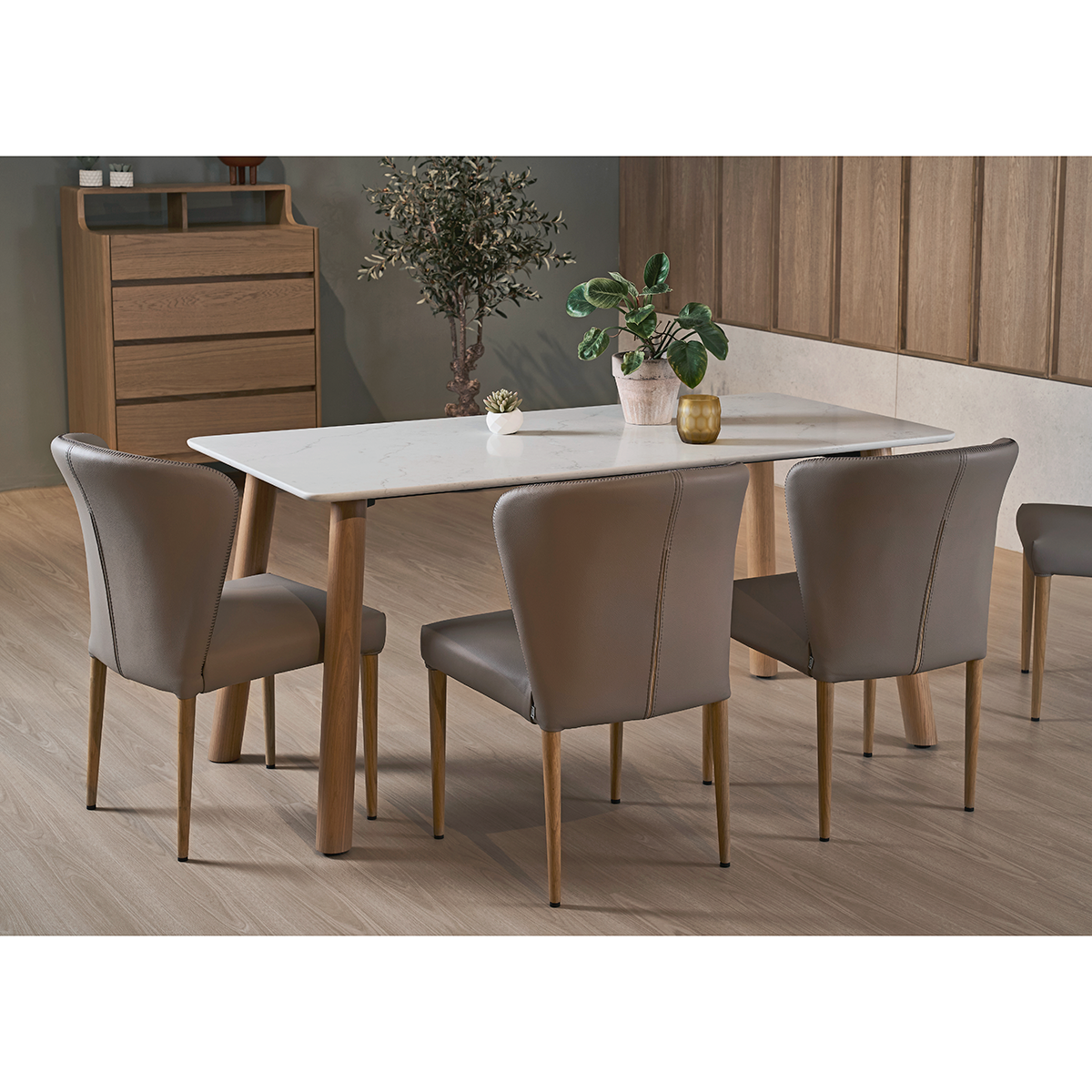 Bela 大理石紋石英石餐桌/白橡色腳座140/160/180cm〔DS240C〕