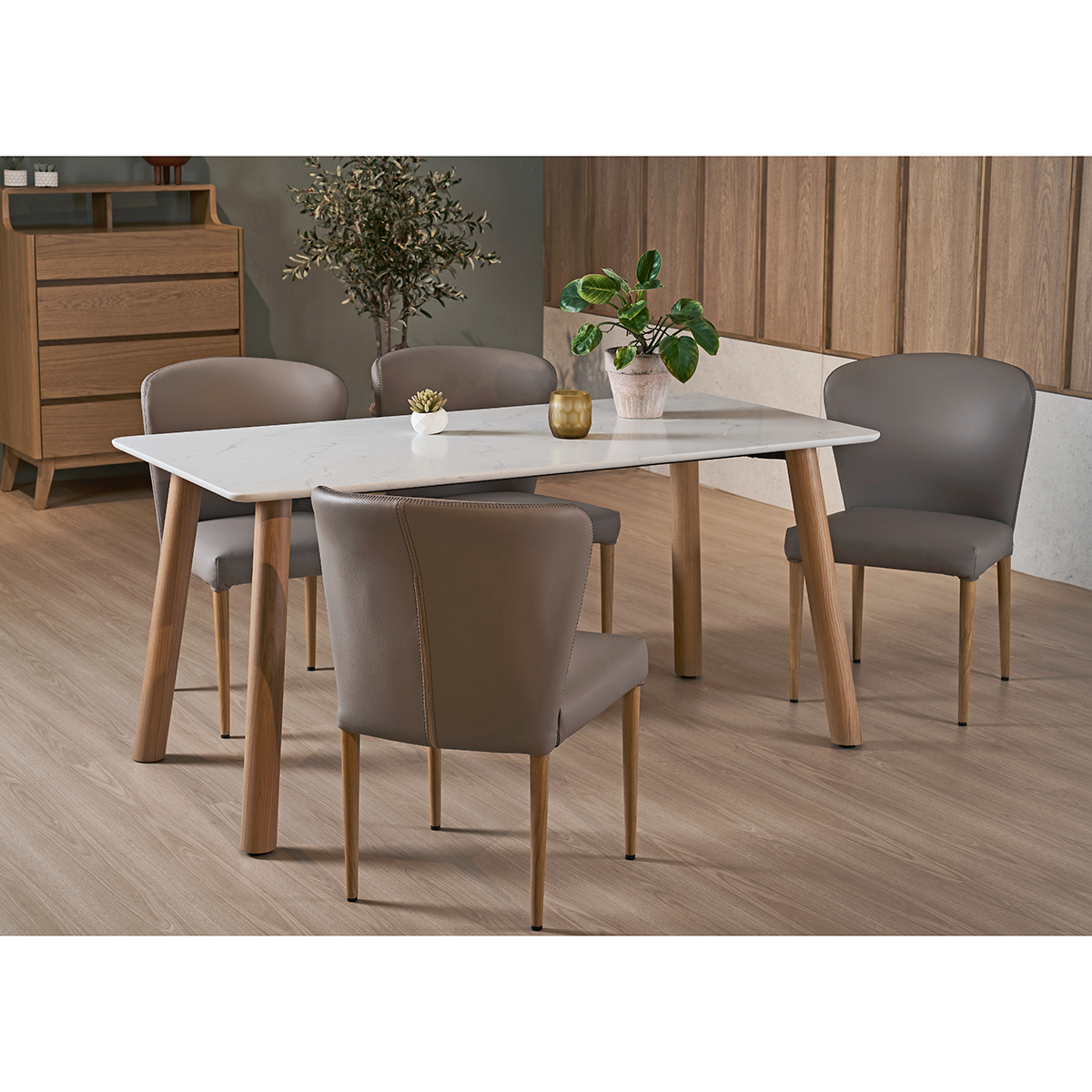Bela 大理石紋石英石餐桌/白橡色腳座140/160/180cm〔DS240C〕