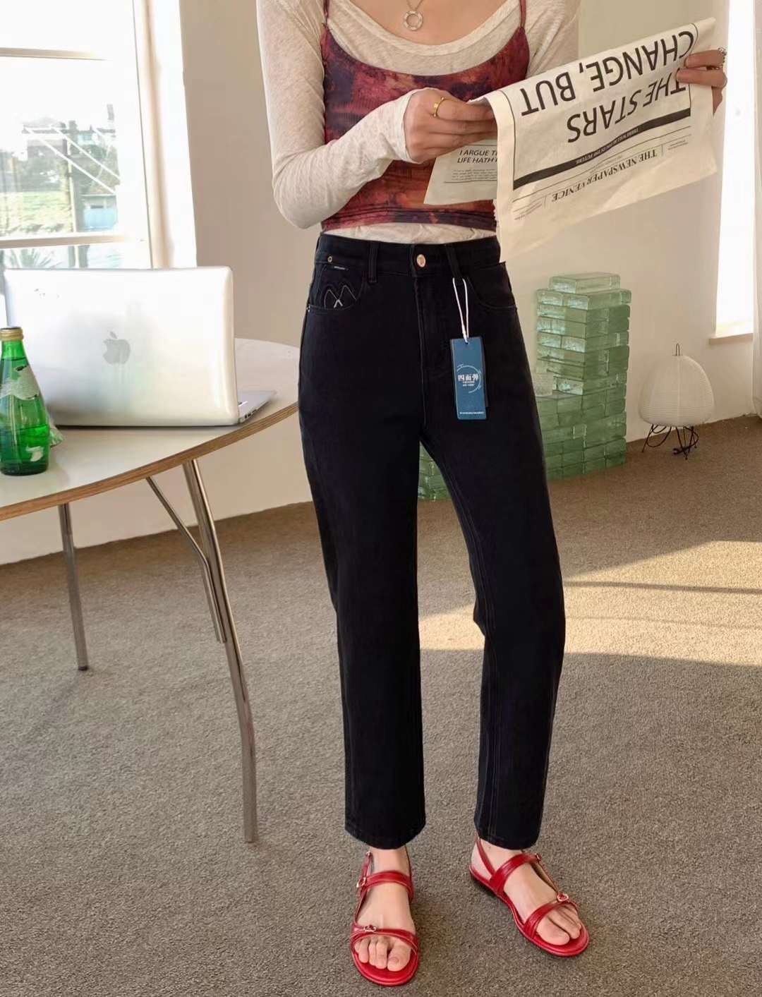 超彈力9分小直筒煙管褲(前後口袋3D印花)