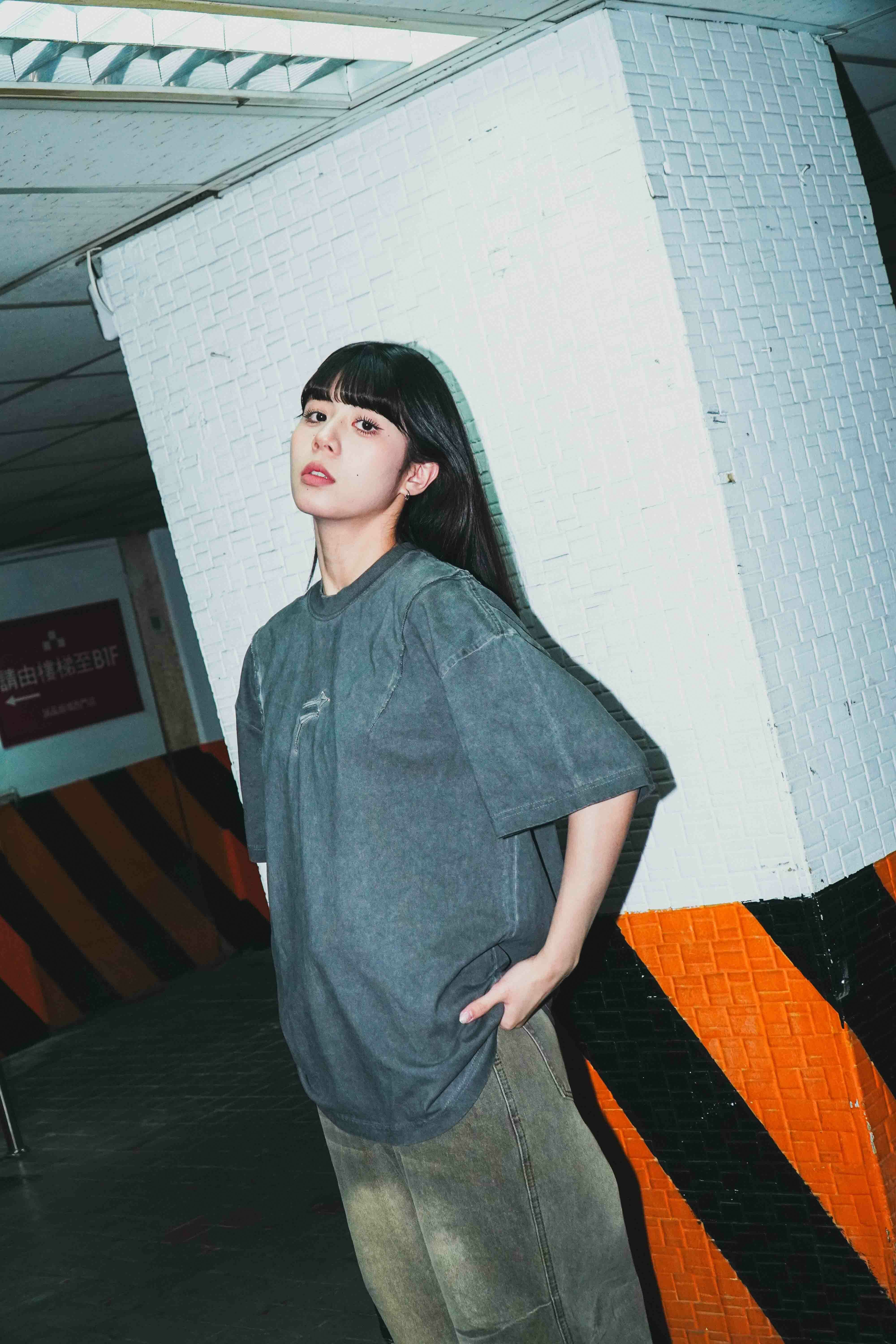 『Always_Good』水洗 刺繡 反車線 皺褶 短TEE