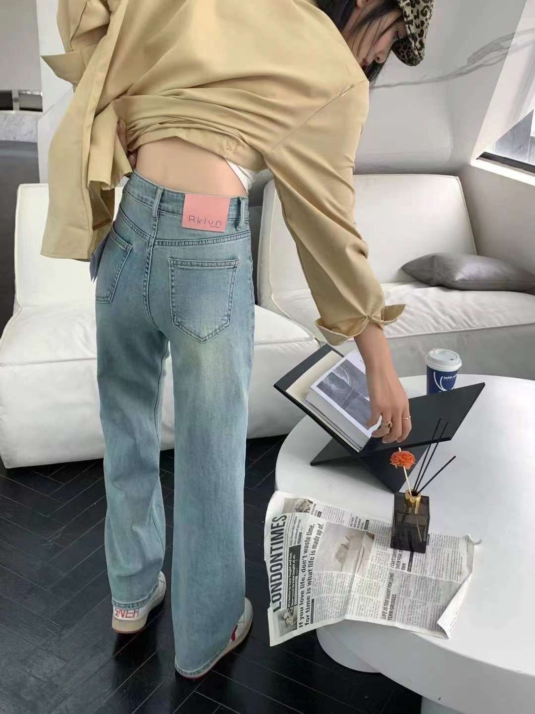 美式休閒撞色高腰窄版直筒褲(粉標)