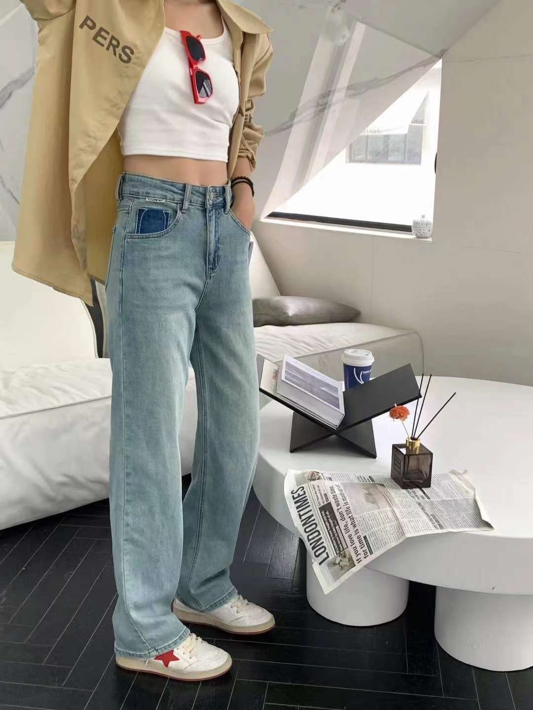 美式休閒撞色高腰窄版直筒褲(粉標)