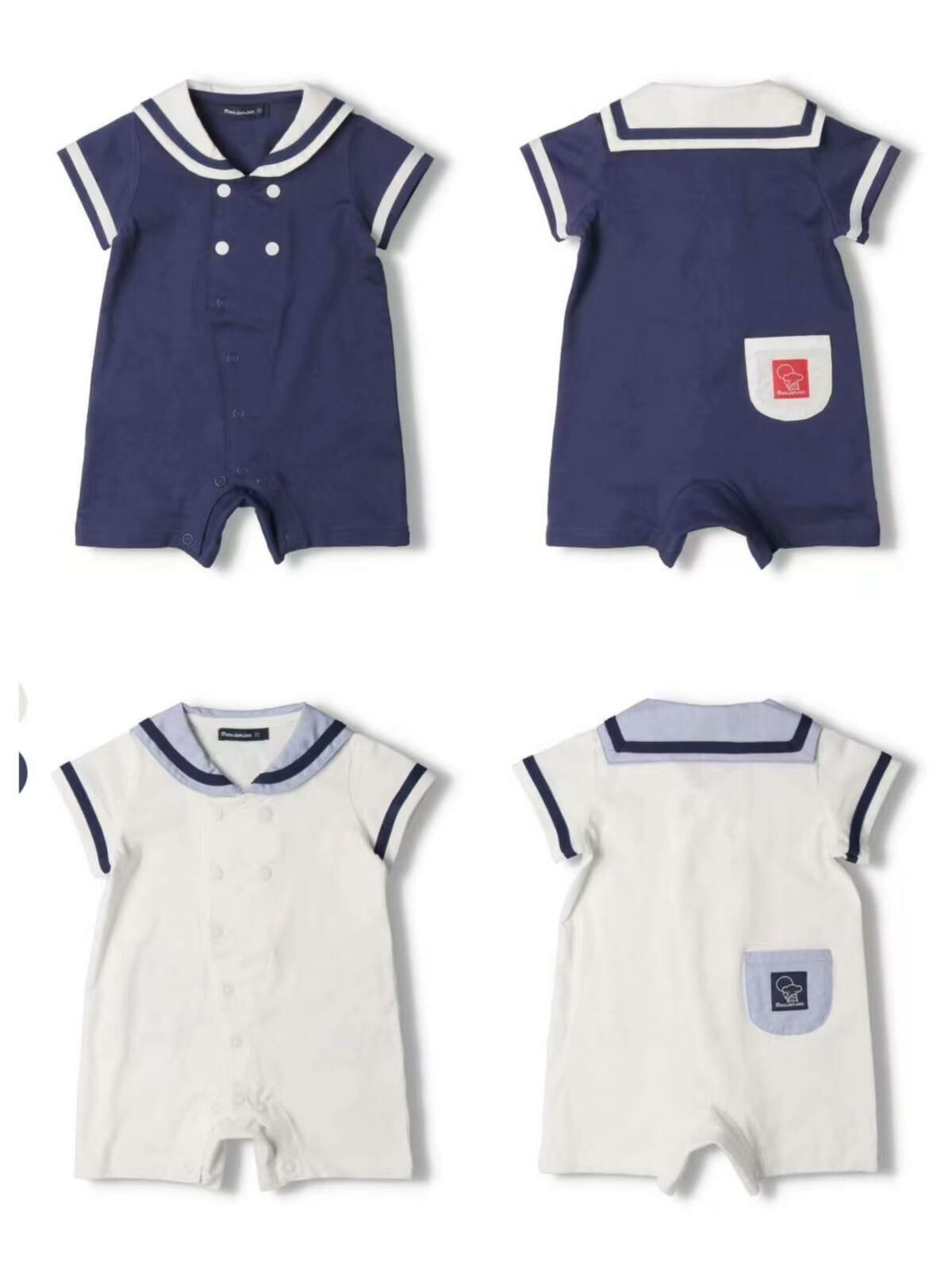 日單海軍風翻領前開扣短袖 平角爬服