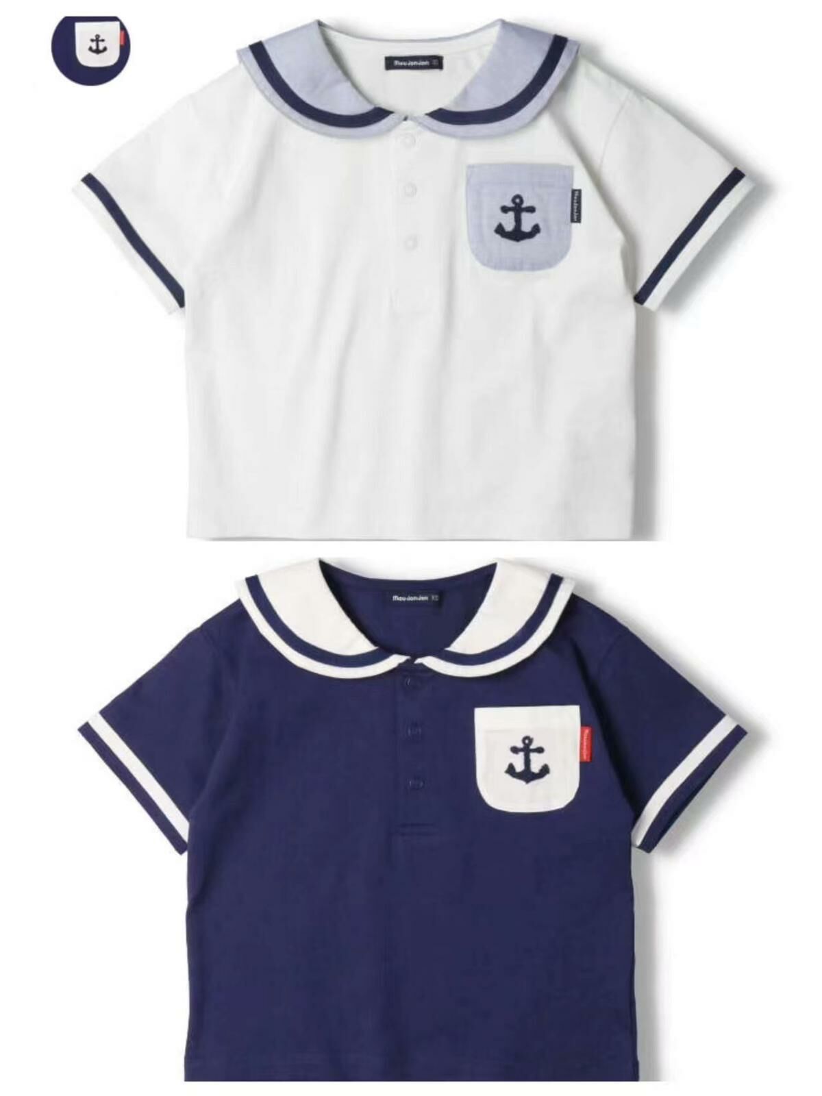 日單海軍風翻領前開扣短袖 平角爬服