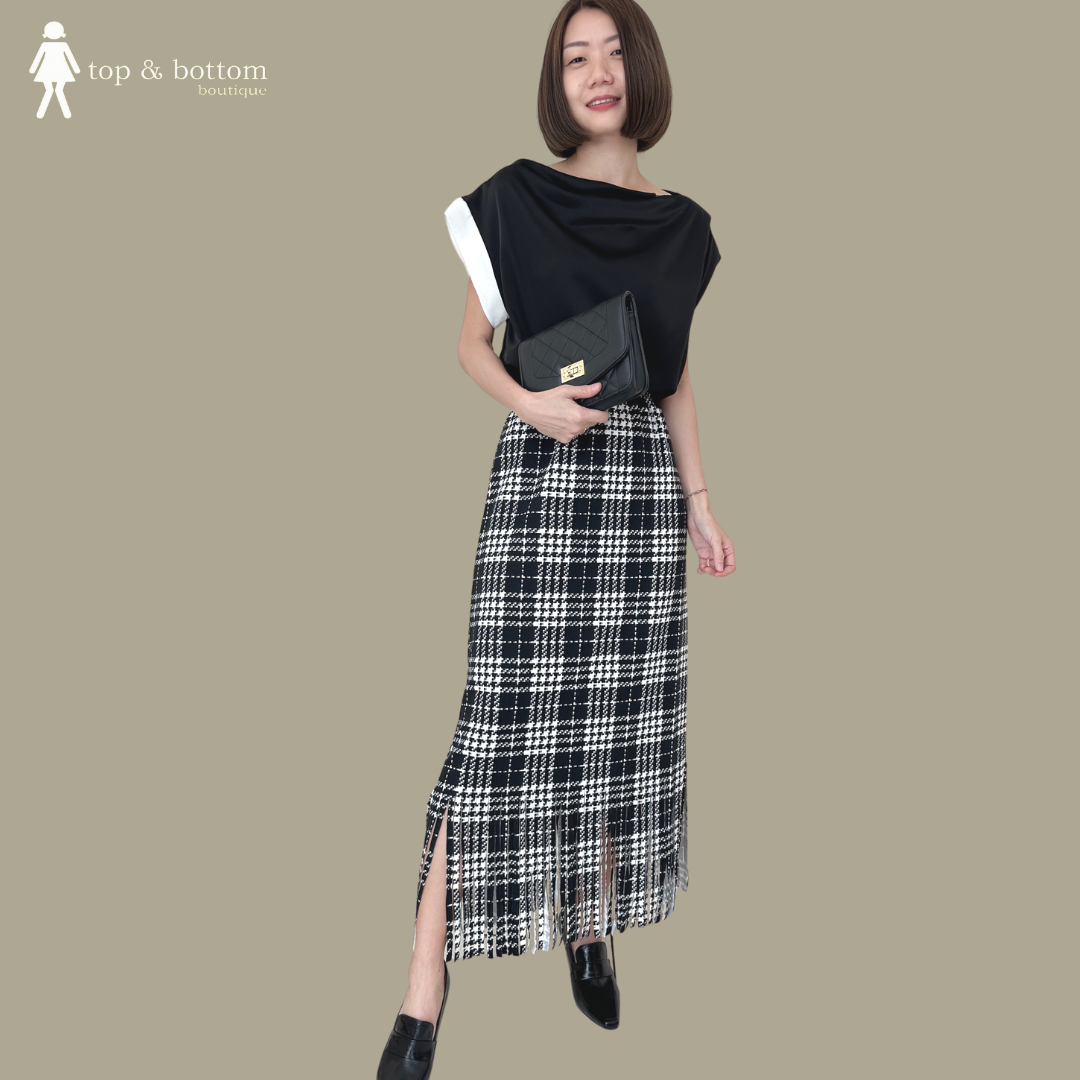 CHECKED PENCIL SKIRT WITH TASSEL HEM