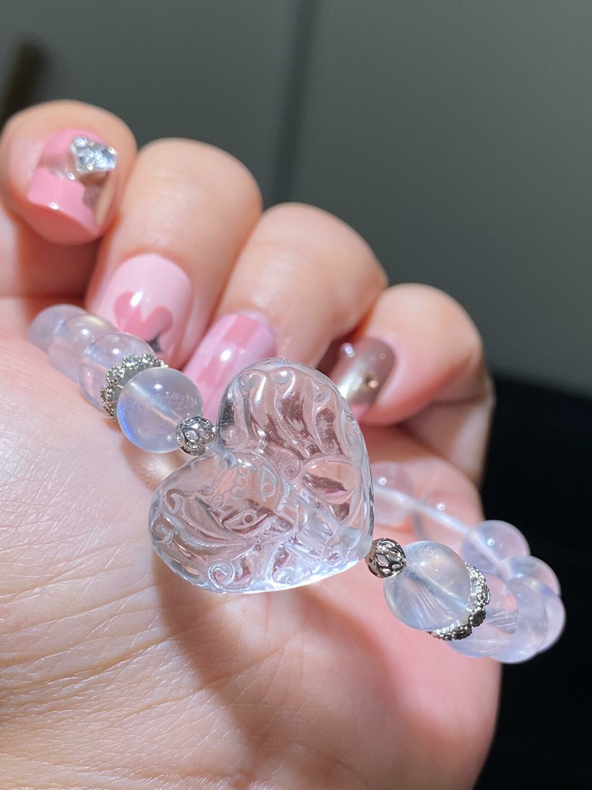 藍光月亮石配白晶九尾狐心心DIY