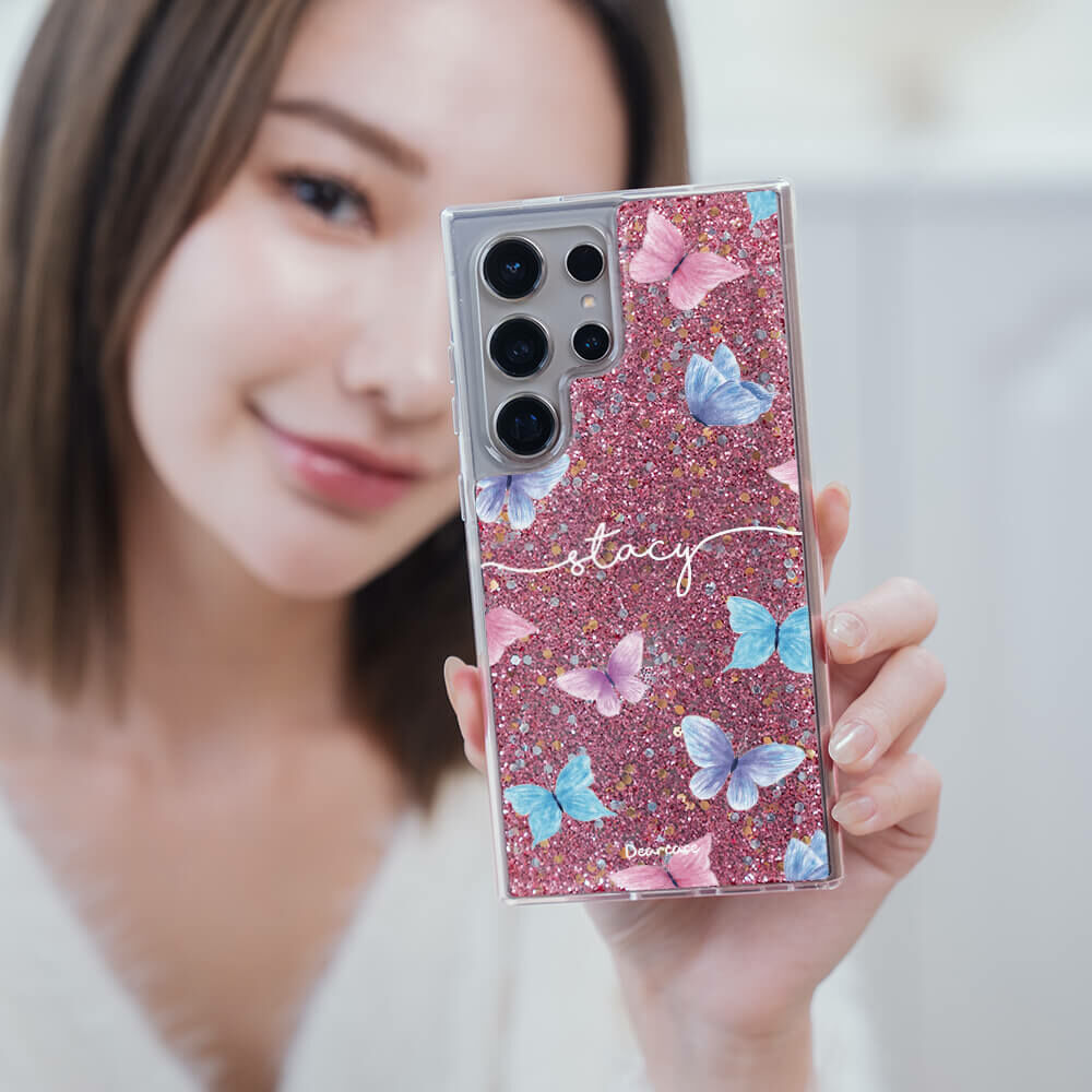 玫粉蝴蝶 粉耀貝拉殼 - (訂製名字) - Samsung 三星 客製化手機殼