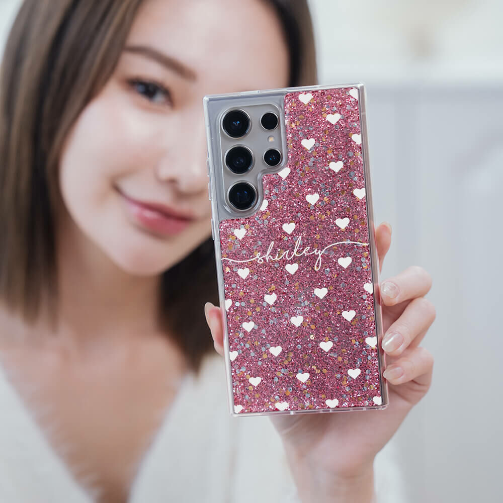 白色愛心 粉耀貝拉殼 - (訂製名字) - Samsung 三星 客製化手機殼