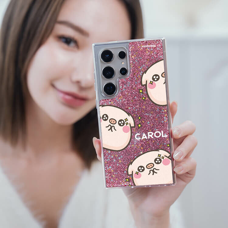 【插畫聯名】圓滾滾萌萌豬 粉耀貝拉殼 - (訂製名字) - Samsung 三星 客製化手機殼