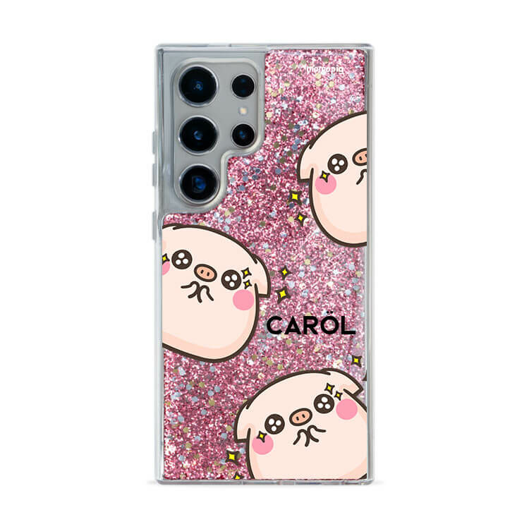 【插畫聯名】圓滾滾萌萌豬 粉耀貝拉殼 - (訂製名字) - Samsung 三星 客製化手機殼
