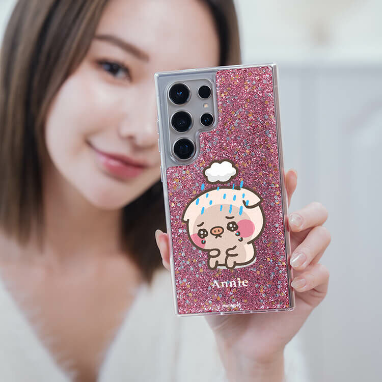 【插畫聯名】厭世萌萌豬 粉耀貝拉殼 - (訂製名字) - Samsung 三星 客製化手機殼