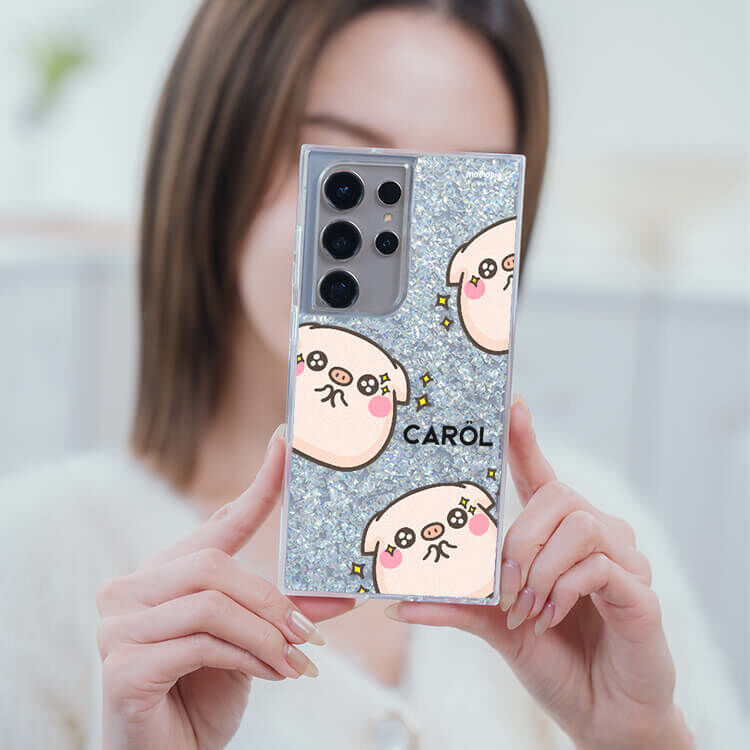 【插畫聯名】圓滾滾萌萌豬  銀耀貝拉殼 - (訂製名字) - Samsung 三星 客製化手機殼