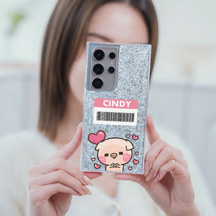 【插畫聯名】幸福肥萌萌豬  銀耀貝拉殼 - (訂製名字) - Samsung 三星 客製化手機殼