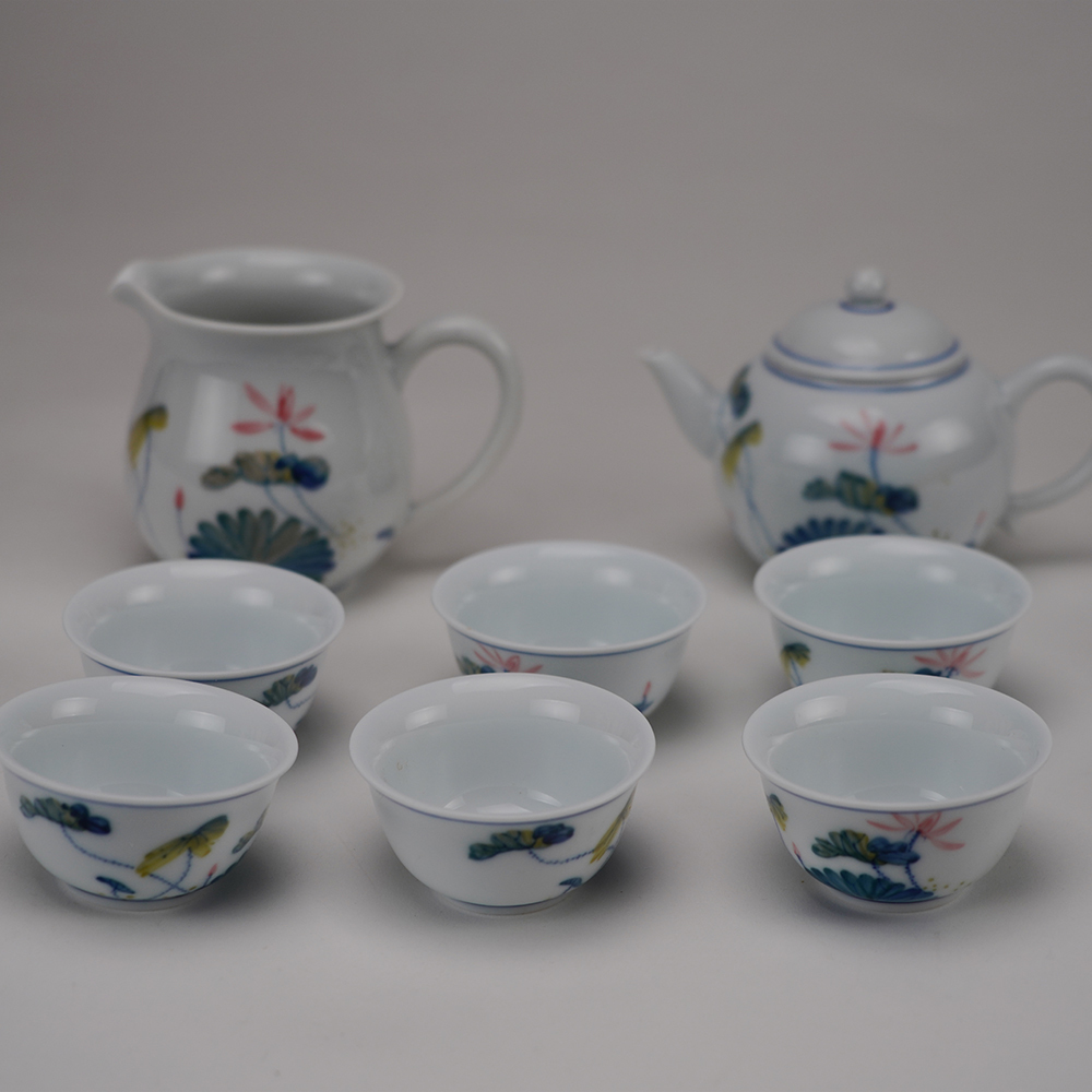 手繪五彩荷花茶具組8入禮盒｜精美陶瓷茶具套裝送禮推薦