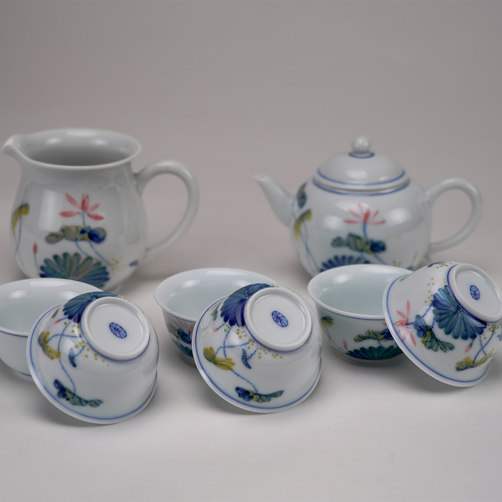 手繪五彩荷花茶具組8入禮盒｜精美陶瓷茶具套裝送禮推薦
