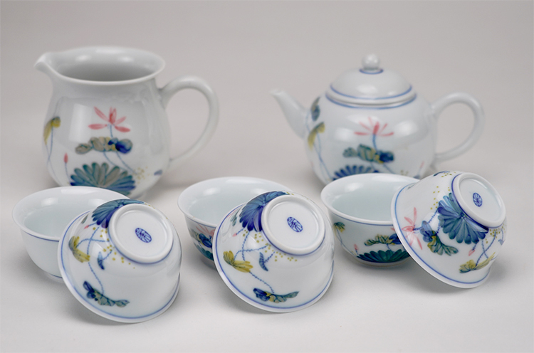 鹿港窯禮品館│手繪五彩手繪荷花茶具組-8入禮盒套裝-