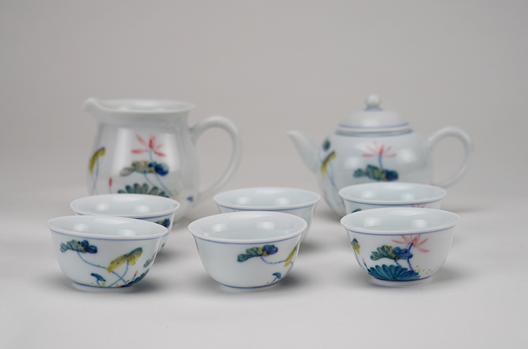鹿港窯禮品館│手繪五彩手繪荷花茶具組-8入禮盒套裝