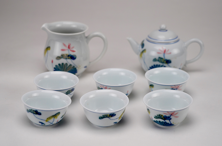 鹿港窯禮品館│手繪五彩手繪荷花茶具組-8入禮盒套裝