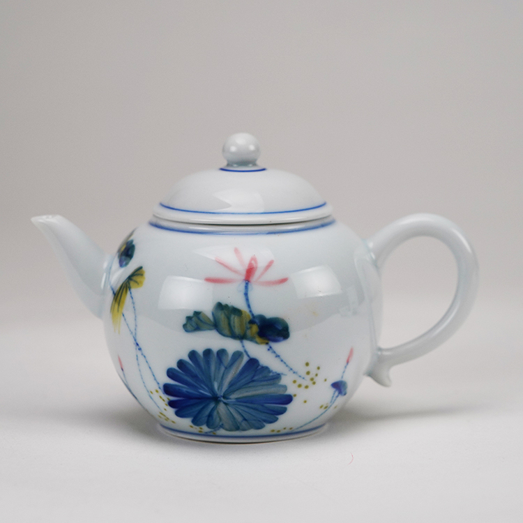 鹿港窯禮品館│手繪五彩手繪荷花茶具組-8入禮盒套裝