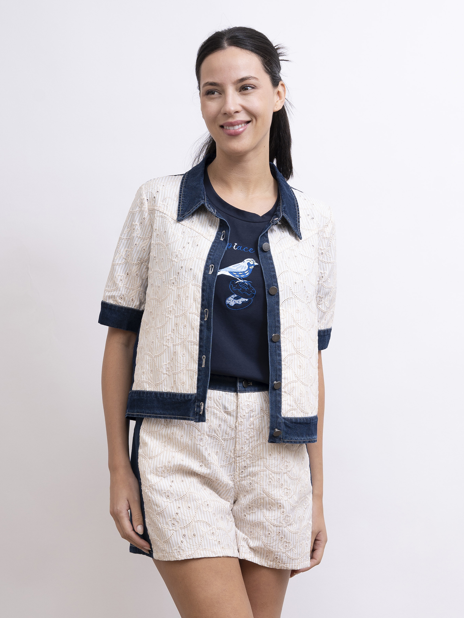 mi-tu 刺繡條子布牛仔外套