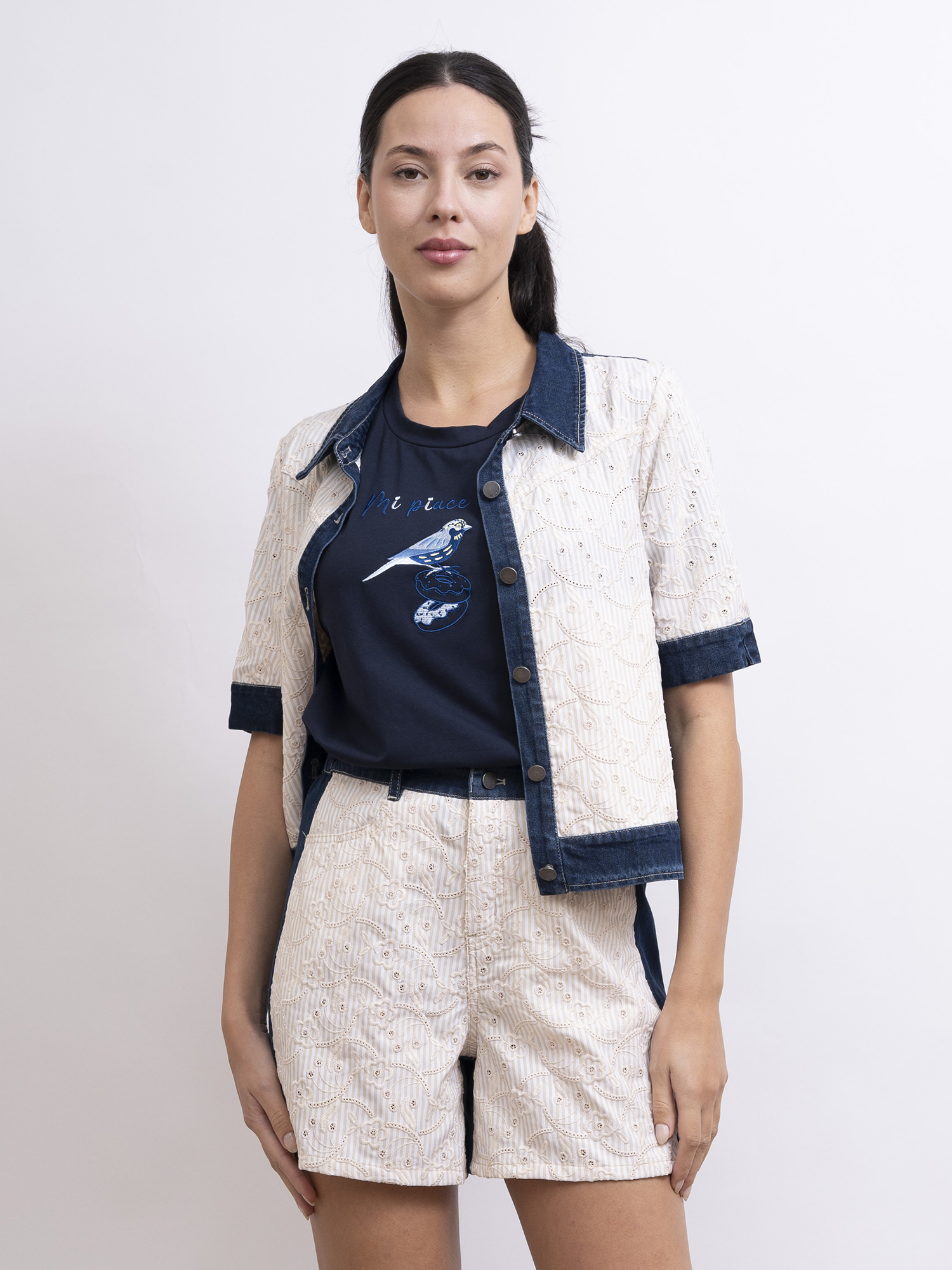 mi-tu 刺繡條子布牛仔短褲