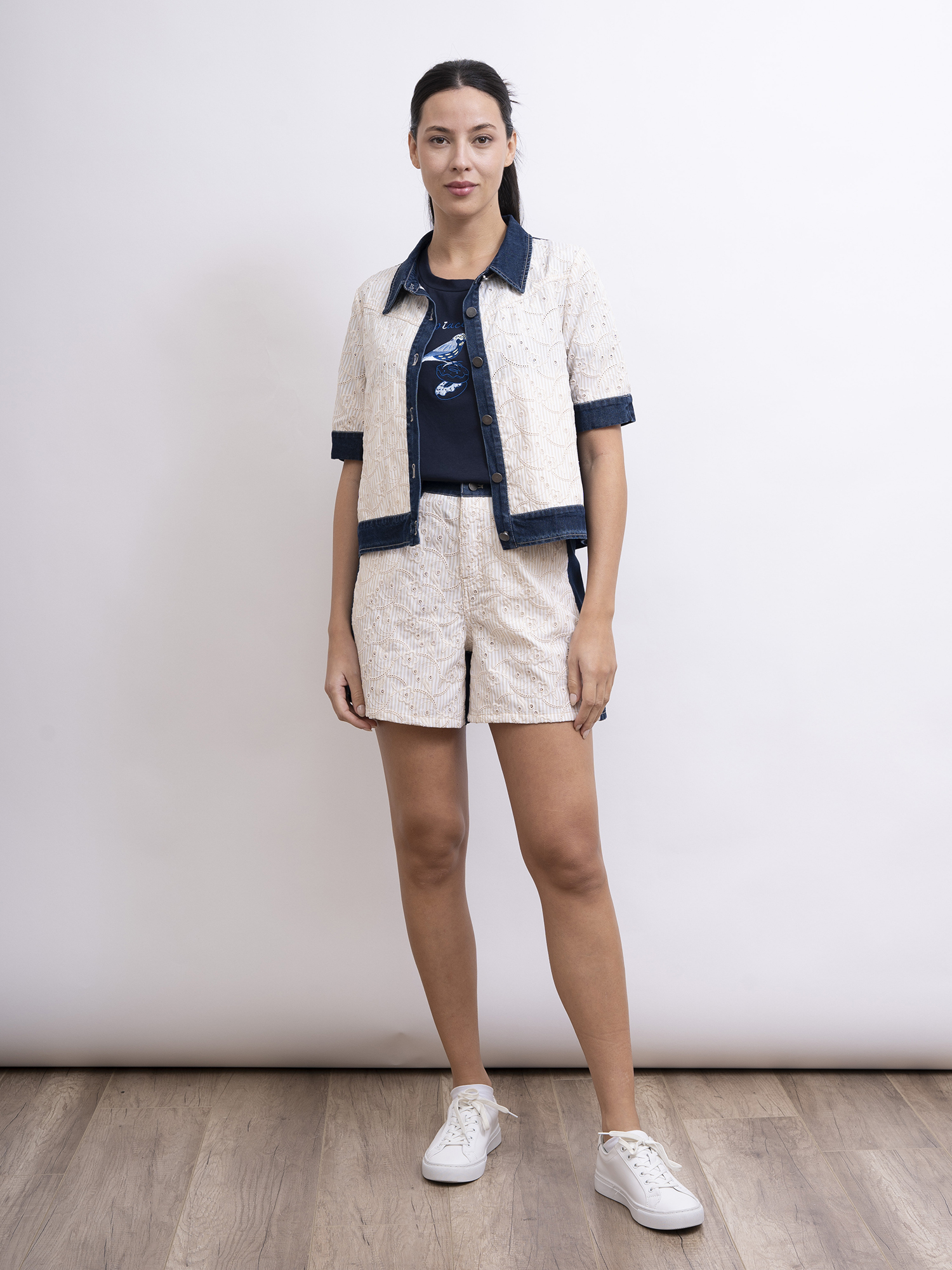 mi-tu 刺繡條子布牛仔短褲