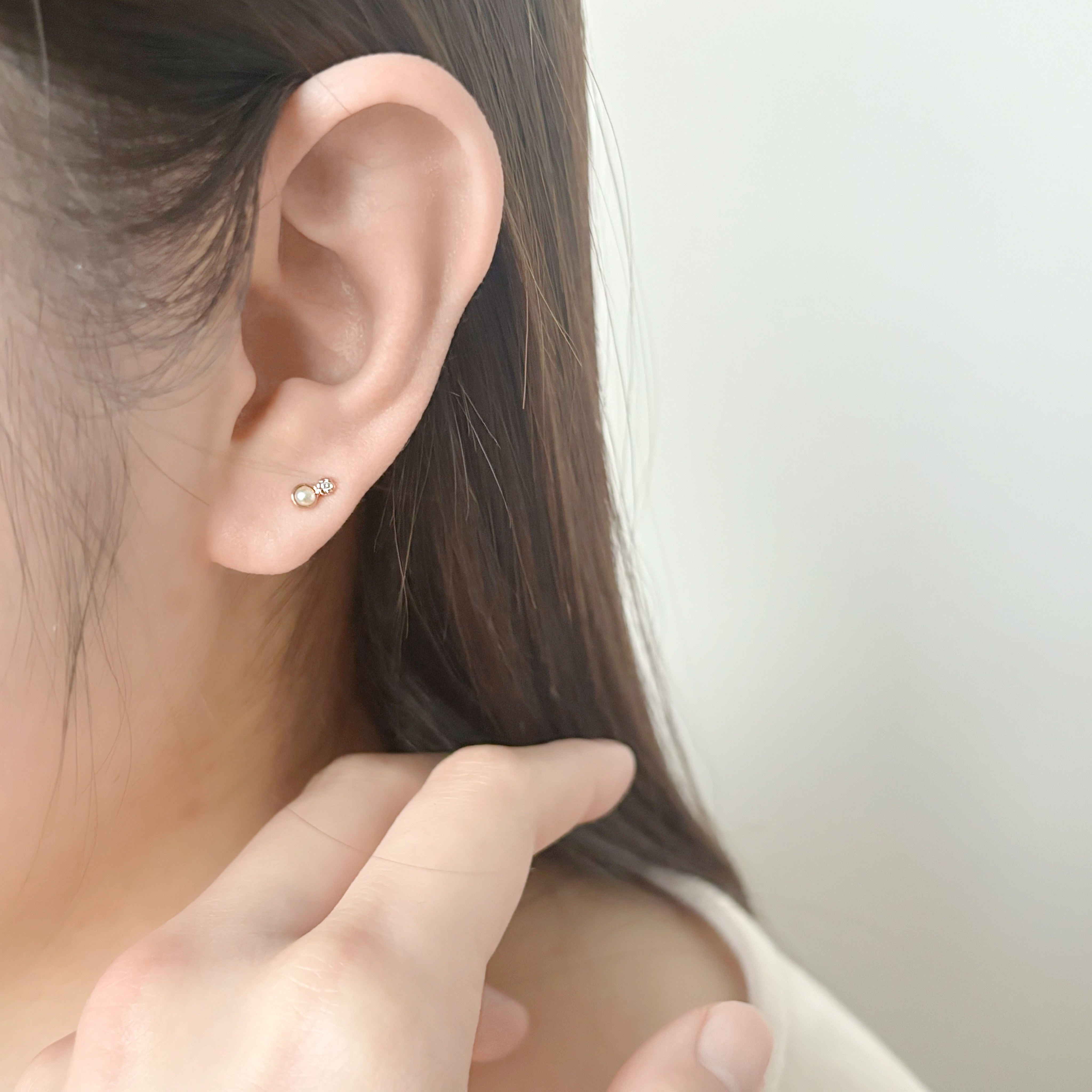 14k小圓珍珠真鑽轉珠耳環