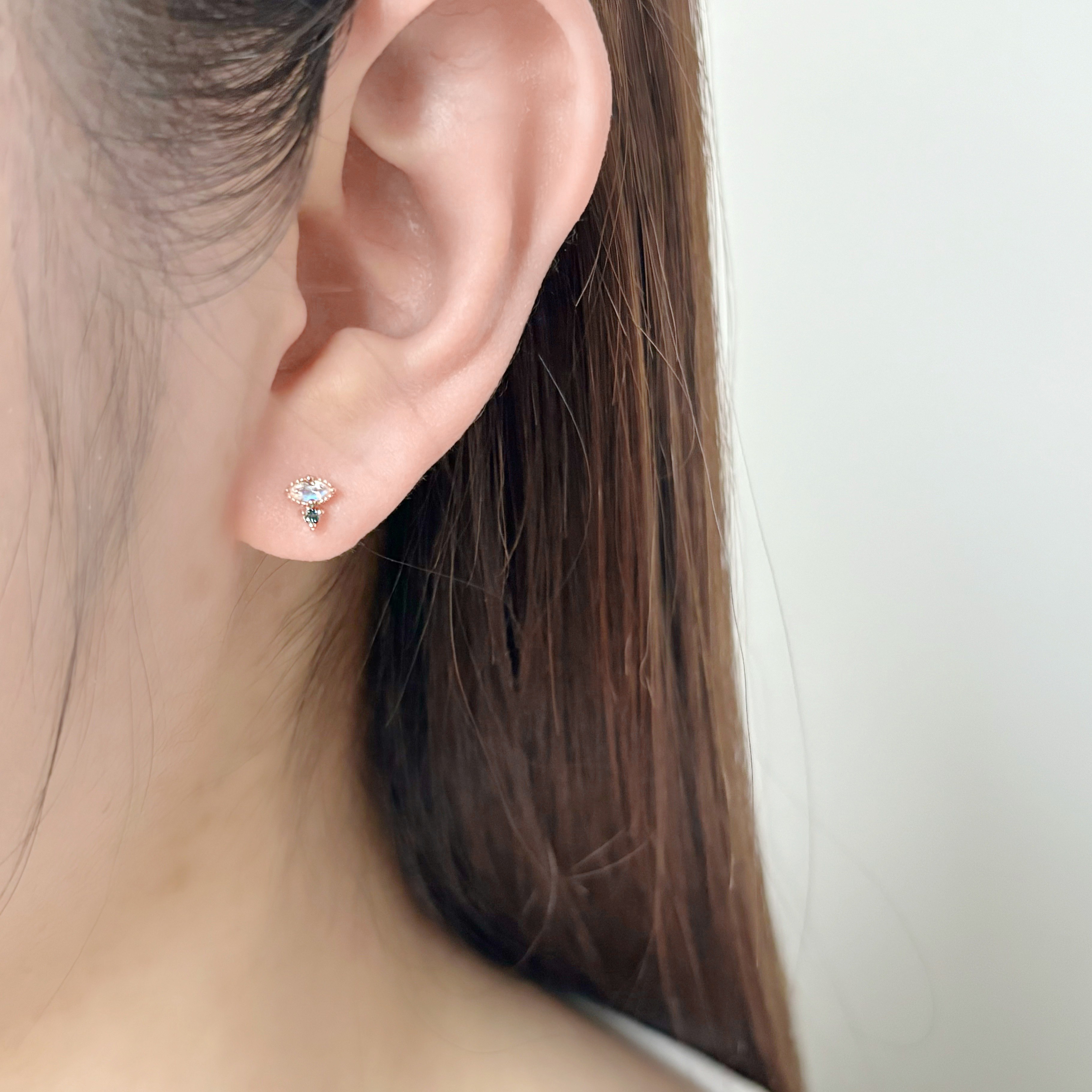 14k marquise月光石藍鑽轉珠耳環