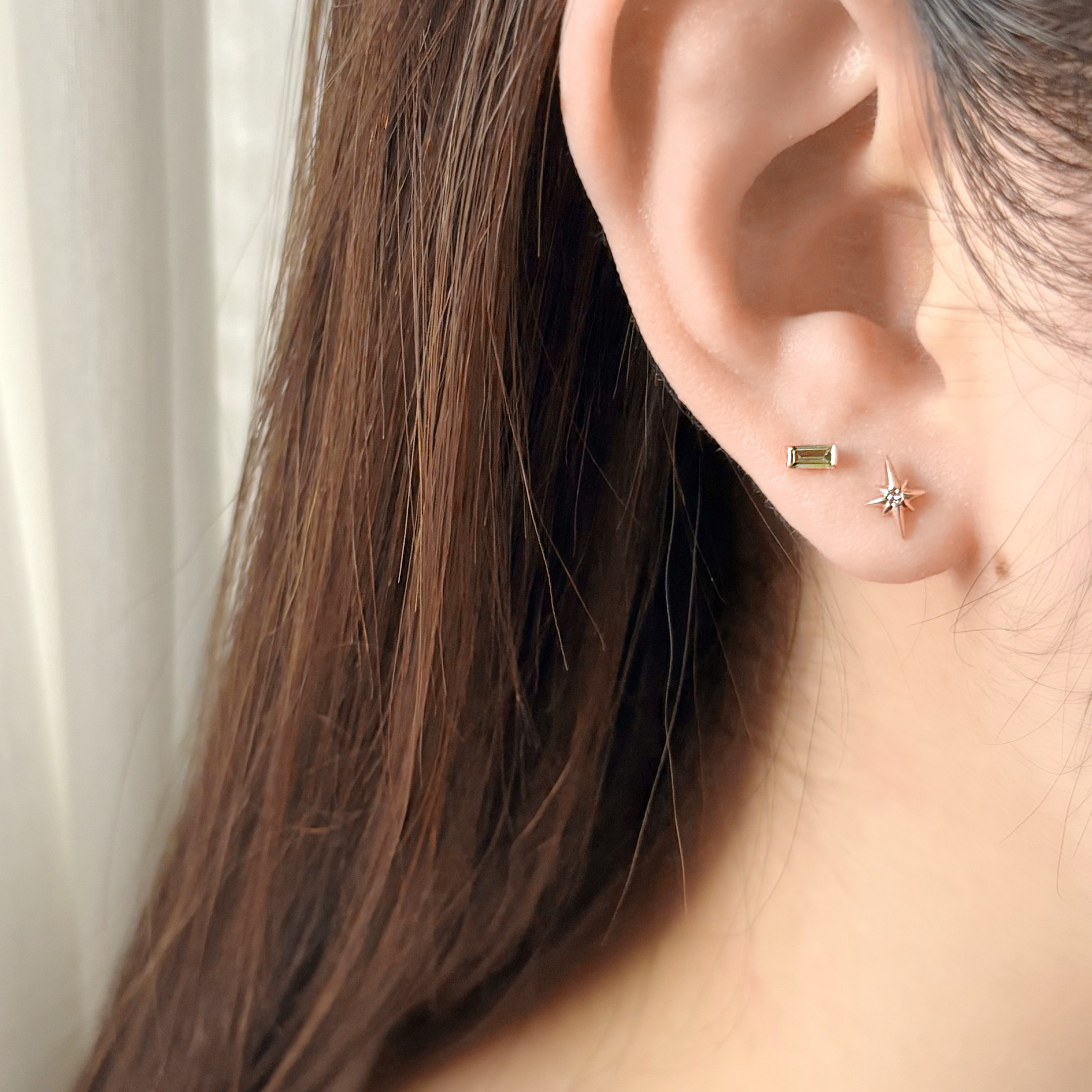 14k細方橄欖鋯石轉珠耳環