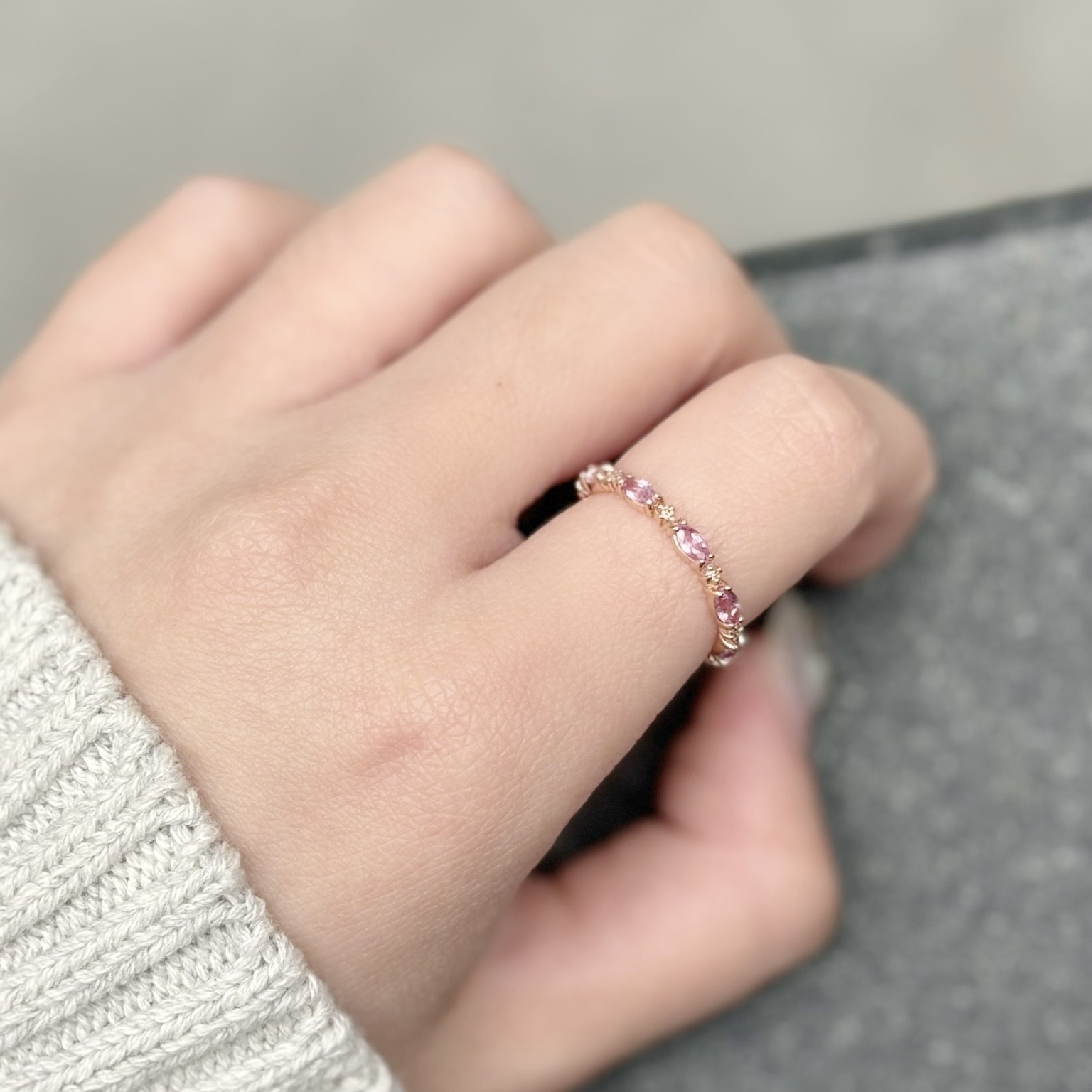 14k marquise粉色藍寶石真鑽戒指