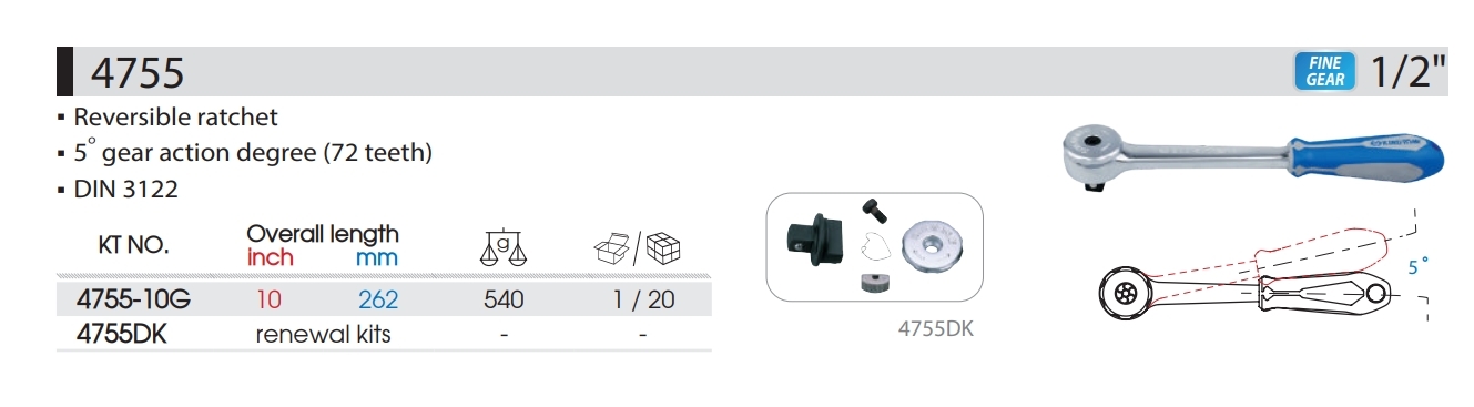 KING TONY 金統立｜4755-10G｜72齒歐式微調棘輪扳手 1/2" 四分 4分套筒板手 棘輪板桿