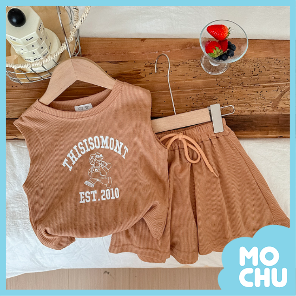 英文印花華夫格兩件套裝(四色）