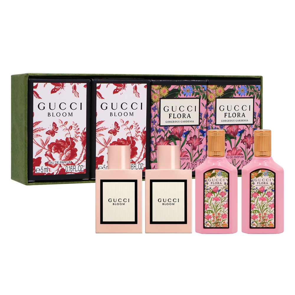 GUCCI 花悅梔子花小香禮盒5ml*4入 (花悅淡香精5ml*2入+華麗梔子花5ml*2入) 透明外盒