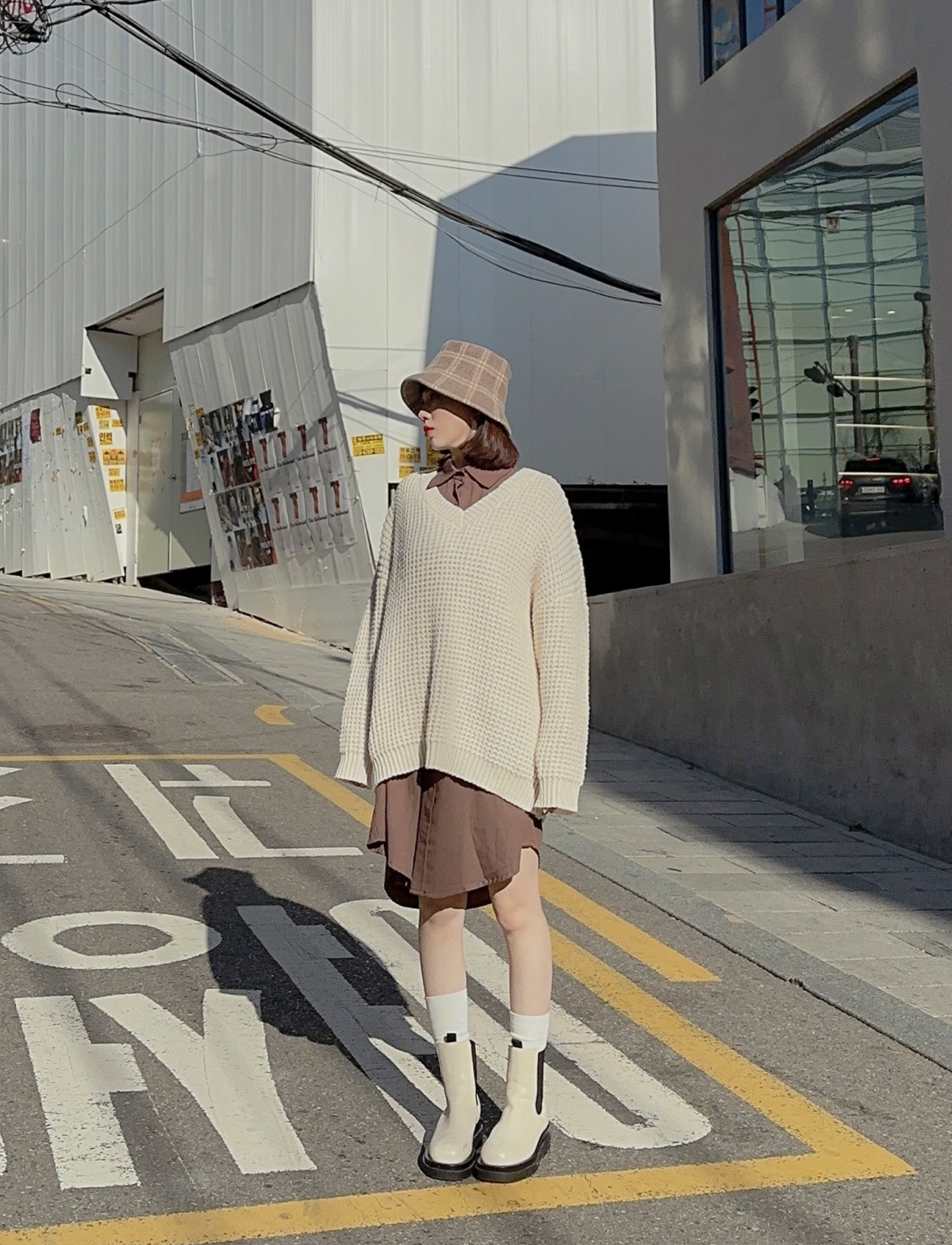 V領華夫格長版上衣