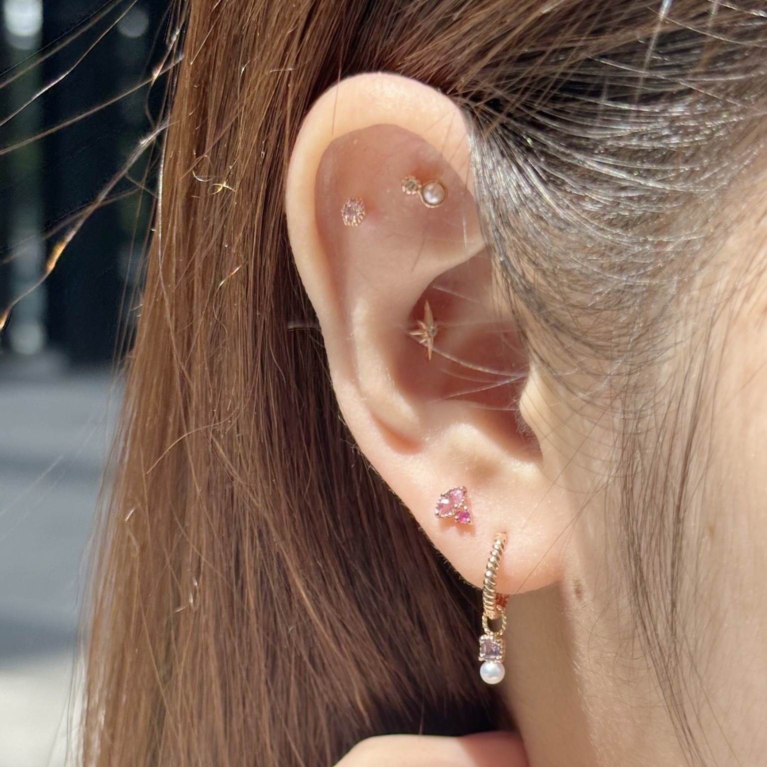 14k marquise粉色藍寶紅寶石轉珠耳環